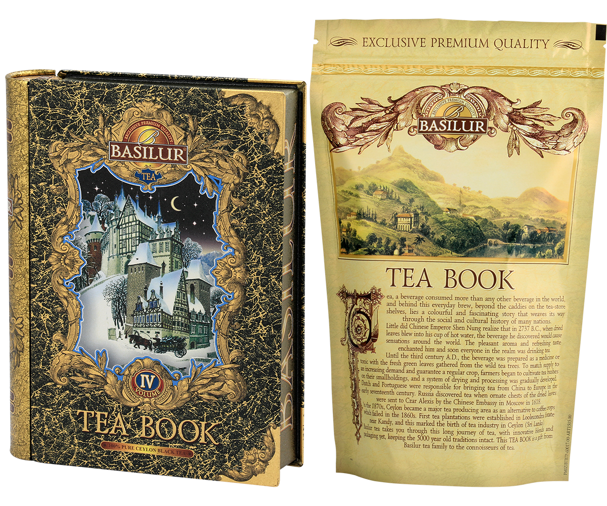 Herbata Basilur Tea Book vol. IV – ozdobna puszka z woreczkiem foliowym wewnątrz.