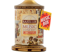 Puszka Basilur Music Concert Christmas z etykietą i świątecznymi ilustracjami