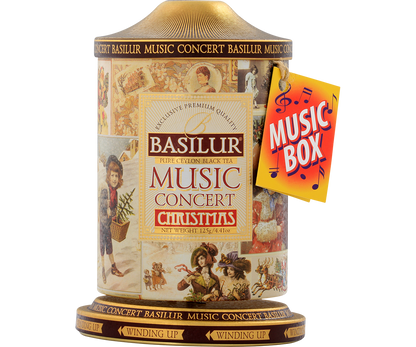 Puszka Basilur Music Concert Christmas z etykietą i świątecznymi ilustracjami