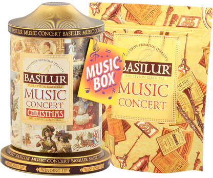 Zestaw Basilur Music Concert Christmas z elegancką puszką i złotym opakowaniem