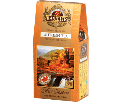 Opakowanie herbaty Basilur Autumn Tea – bok z opisem i grafiką jesiennego krajobrazu.