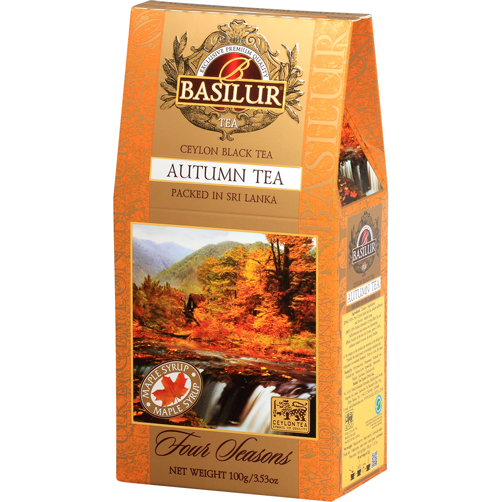 Opakowanie herbaty Basilur Autumn Tea – bok z opisem i grafiką jesiennego krajobrazu.
