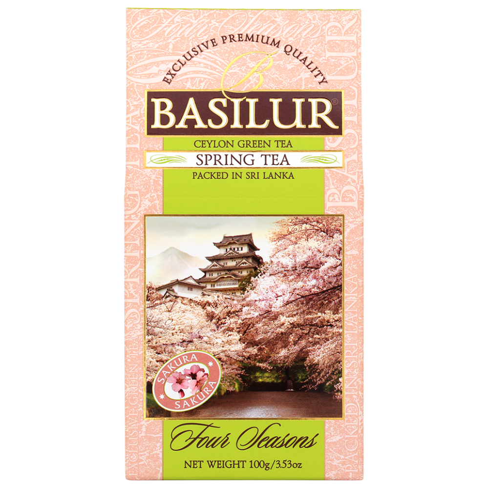 Front opakowania Basilur Spring Tea zielona herbata z aromatem wiśni sakura