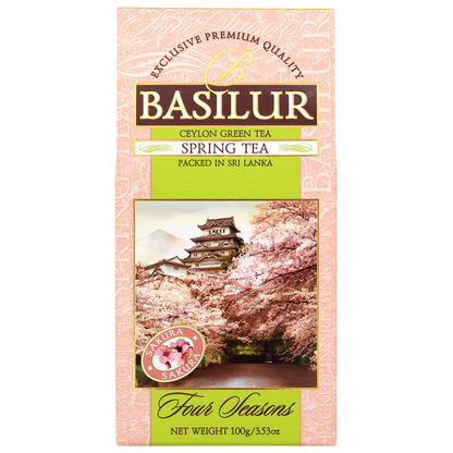 Front opakowania Basilur Spring Tea zielona herbata z aromatem wiśni sakura