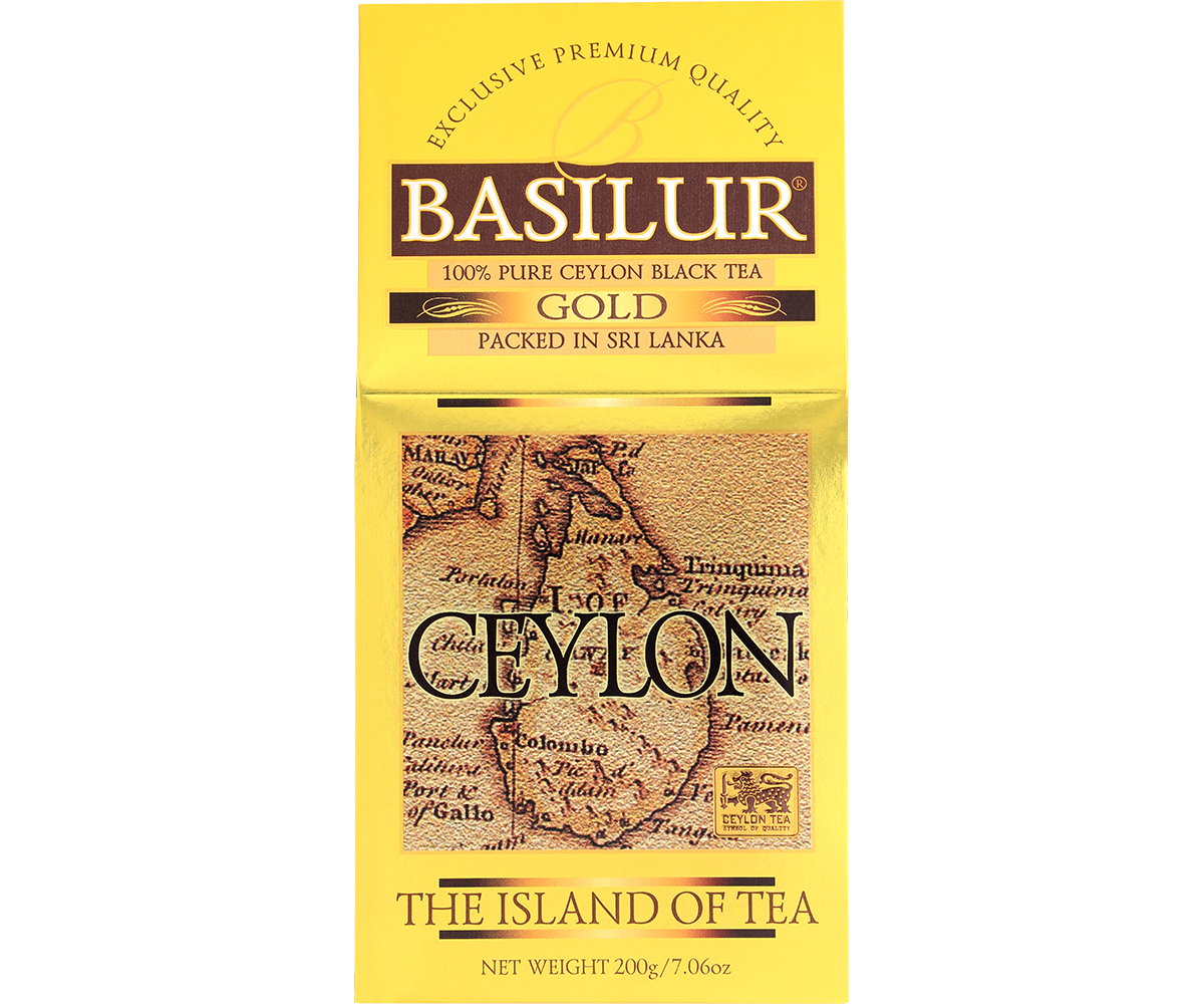 Opakowanie herbaty Basilur Gold z mapą Cejlonu w złotej stylistyce.