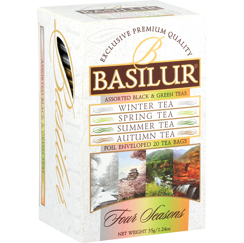 Bok opakowania Basilur Four Seasons z widoczną listą herbat.