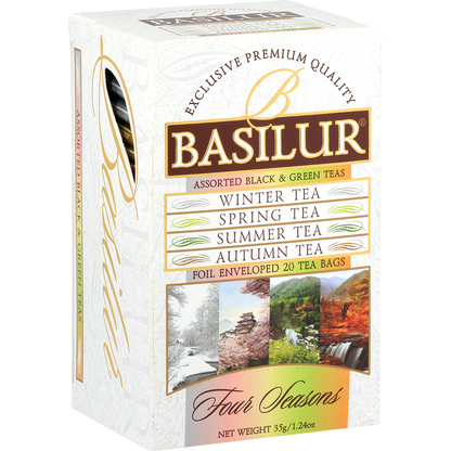 Bok opakowania Basilur Four Seasons z widoczną listą herbat.
