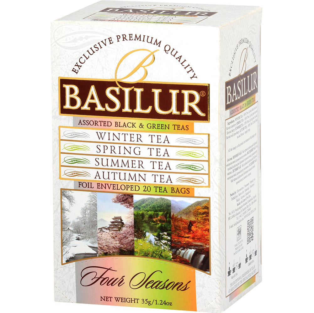 Bok opakowania Basilur Four Seasons z widoczną listą herbat.