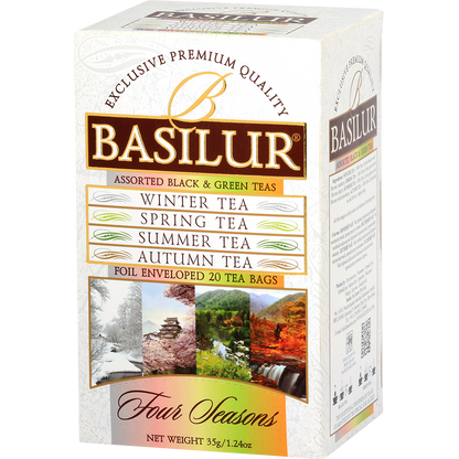 Bok opakowania Basilur Four Seasons z widoczną listą herbat.