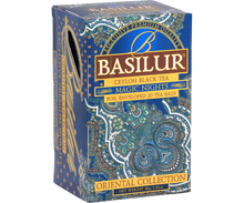 Pudełko herbaty Basilur Magic Nights widok z boku, orientalny wzór.