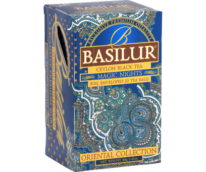 Pudełko herbaty Basilur Magic Nights widok z boku, orientalny wzór.