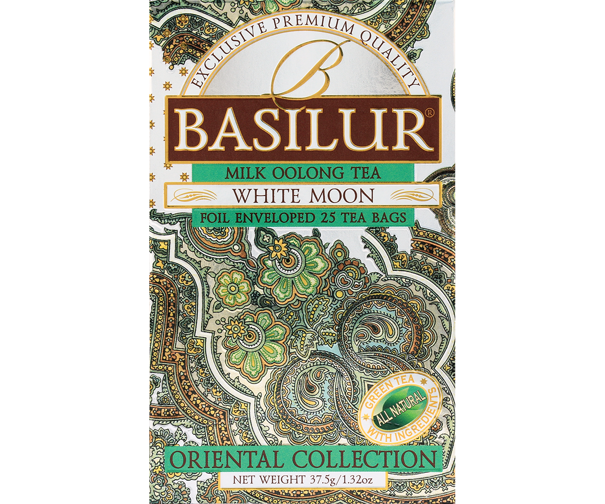 Zbliżenie na opakowanie Basilur White Moon, delikatny design w kolorach bieli i zieleni.
