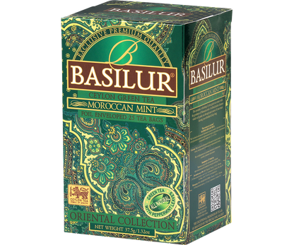 Pudełko Basilur Moroccan Mint przedstawione z boku z orientacyjnym wzorem i logo.