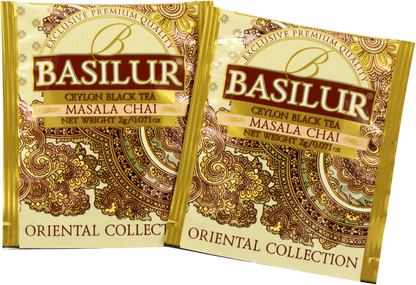 Koperty herbaty Basilur Masala Chai z kolekcji Oriental Collection w złotej oprawie.