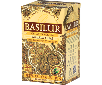 Herbata Basilur Masala Chai widok z boku, orientalne wzory i logo marki.
