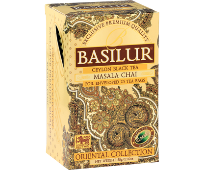 Czarna herbata Basilur Masala Chai z przyprawami korzennymi w ozdobnym kartoniku.
