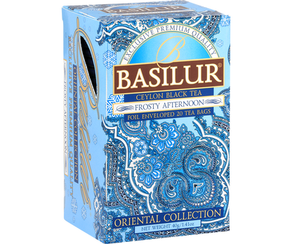 Herbata Basilur Frosty Afternoon widok z boku, eleganckie orientalne wzory.
