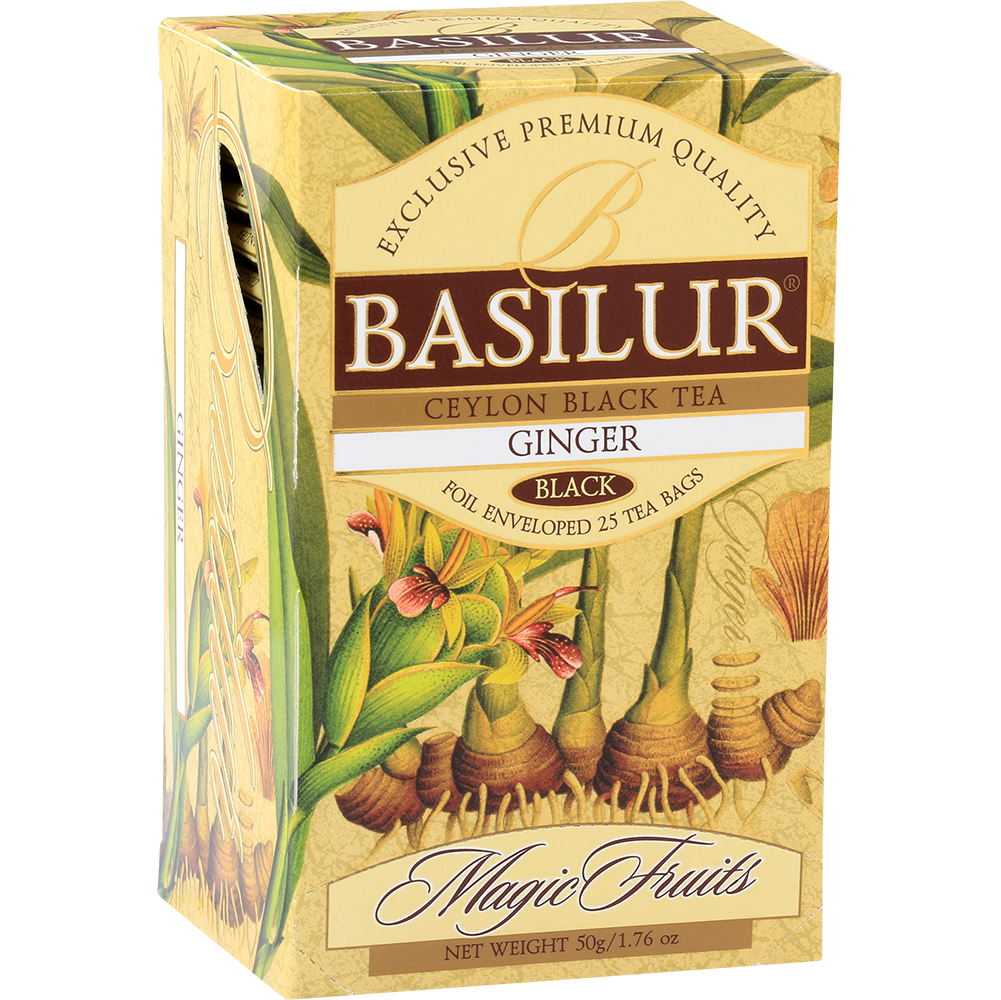 Opakowanie herbaty Basilur Ginger z widocznym motywem imbiru i logo Basilur.