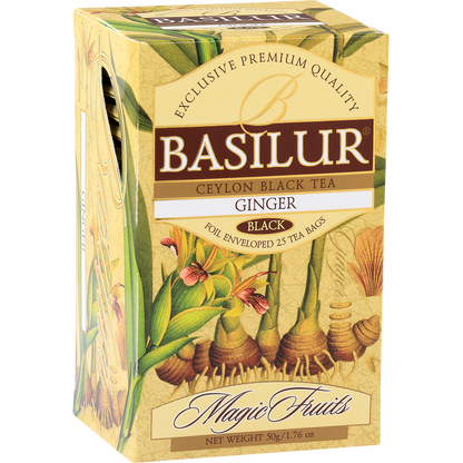 Opakowanie herbaty Basilur Ginger z widocznym motywem imbiru i logo Basilur.