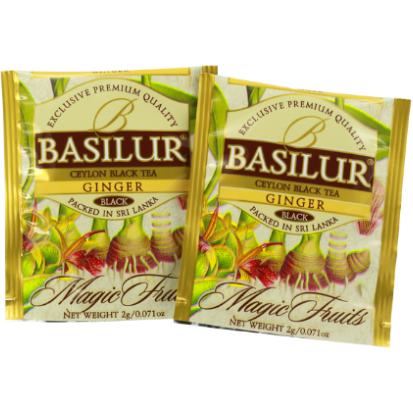 Zbliżenie na koperty herbaty Basilur Ginger z grafiką imbiru i napisem Magic Fruits.