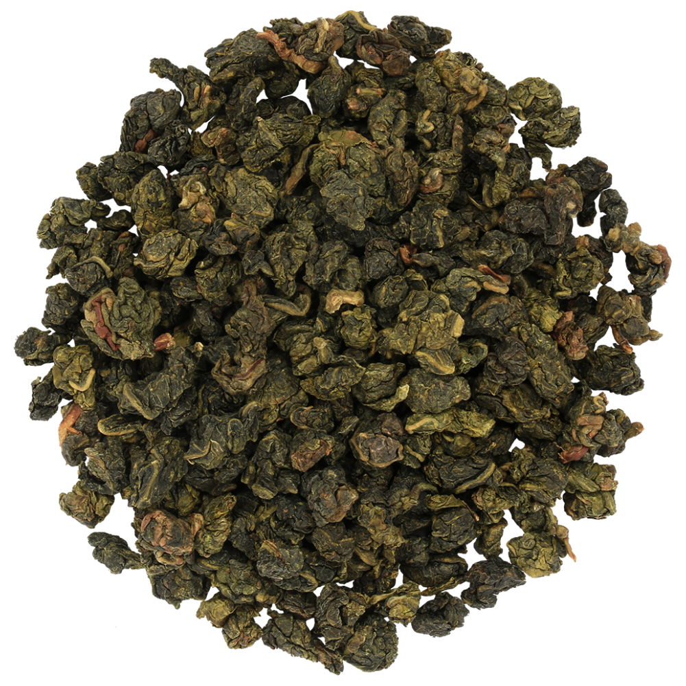 Liście mlecznej herbaty oolong Basilur White Moon w formie zwiniętych kuleczek.