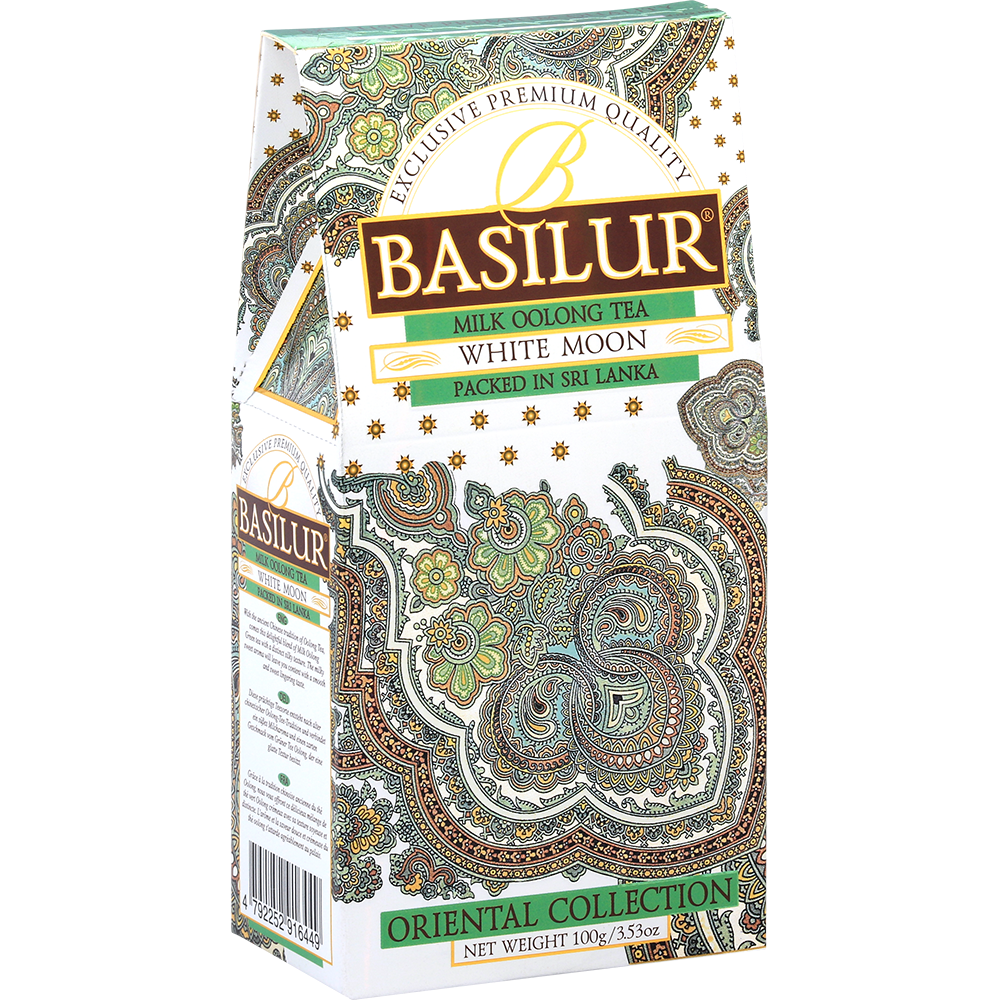 Bok pudełka Basilur White Moon z orientalnym motywem i eleganckim zdobieniem.