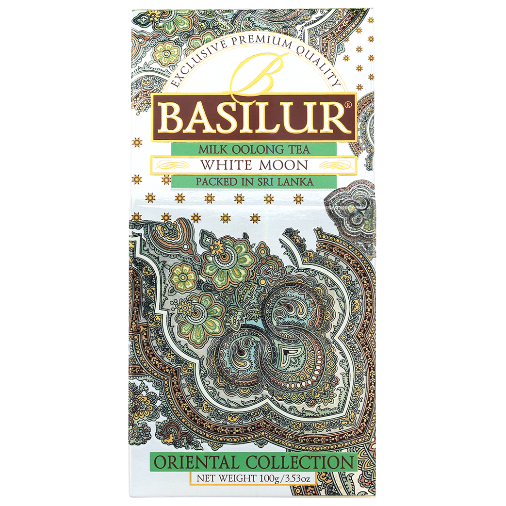 Przód opakowania herbaty Basilur White Moon – mleczna herbata oolong.