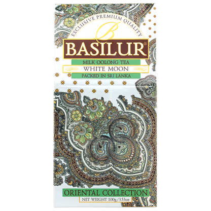 Przód opakowania herbaty Basilur White Moon – mleczna herbata oolong.
