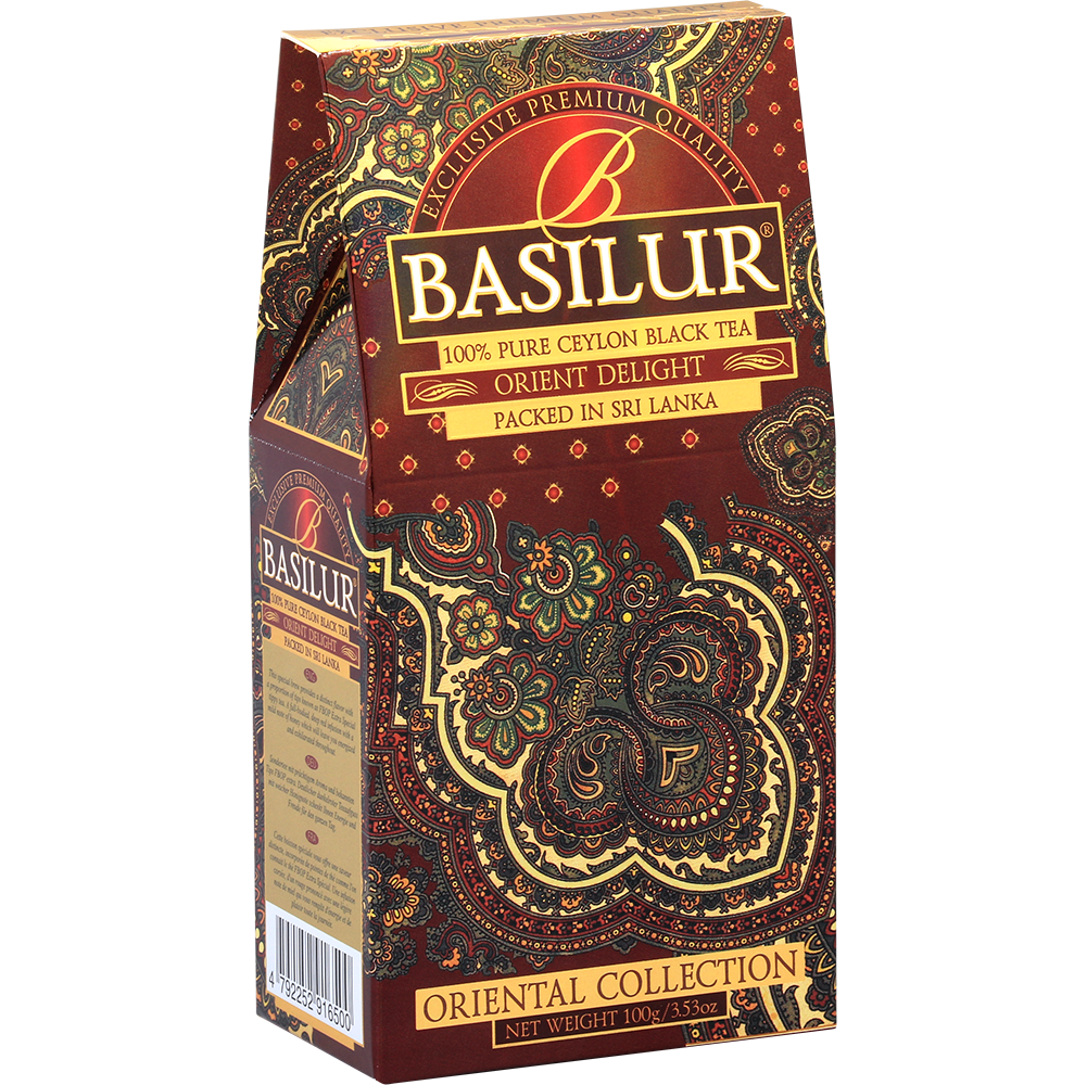 Bok pudełka Basilur Orient Delight z ozdobnym orientalnym motywem.