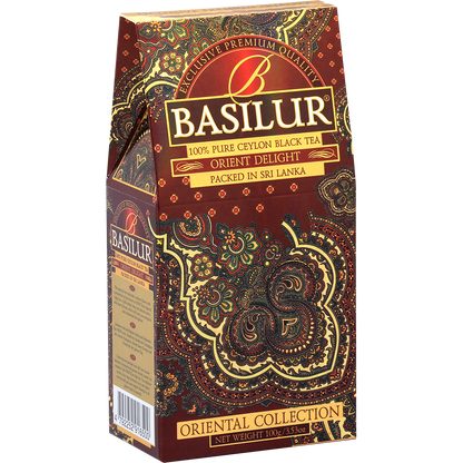 Bok pudełka Basilur Orient Delight z ozdobnym orientalnym motywem.