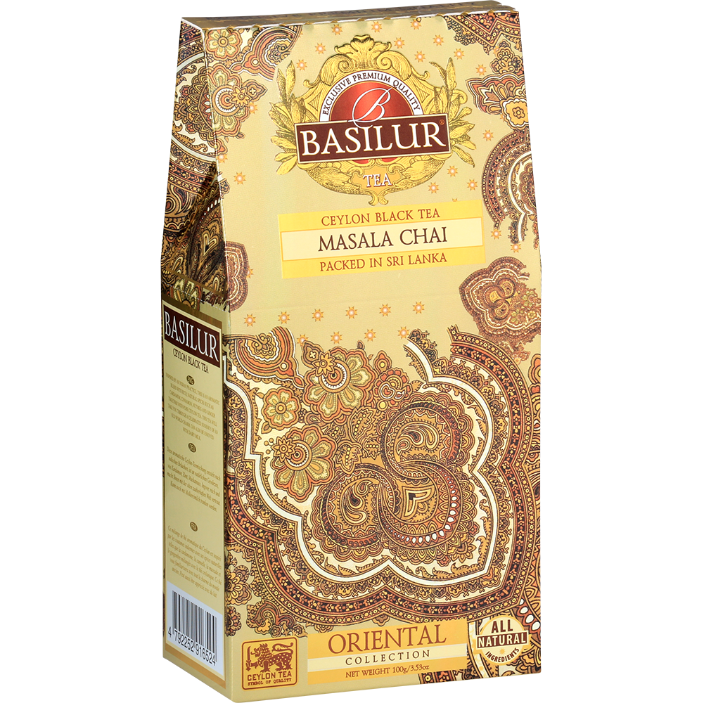 Bok opakowania Basilur Masala Chai z opisem i logo Basilur