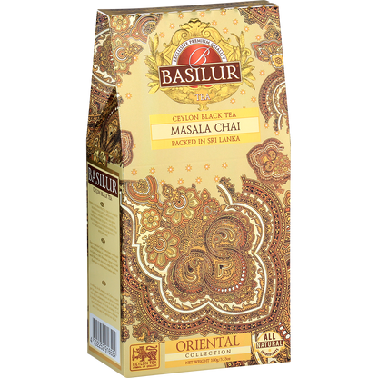Bok opakowania Basilur Masala Chai z opisem i logo Basilur