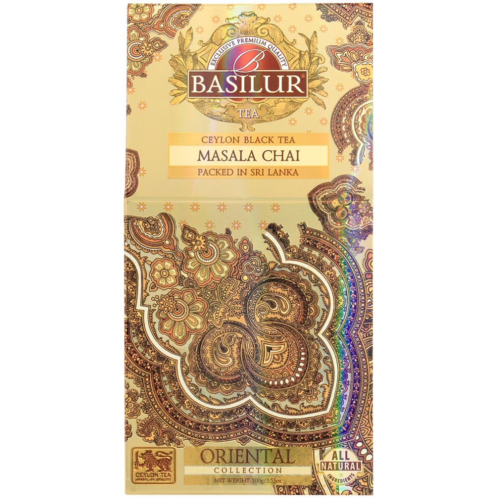 Front opakowania Basilur Masala Chai z orientalnym złotym wzorem
