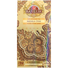 Front opakowania Basilur Masala Chai z orientalnym złotym wzorem