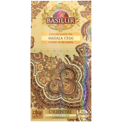 Front opakowania Basilur Masala Chai z orientalnym złotym wzorem