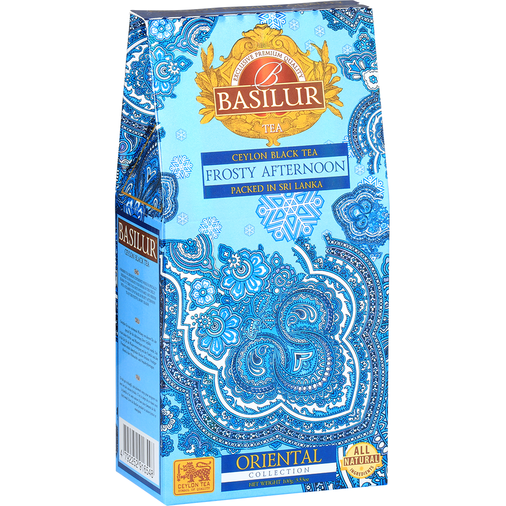 Opakowanie herbaty Basilur Frosty Afternoon z kolekcji Oriental Collection widok z boku.