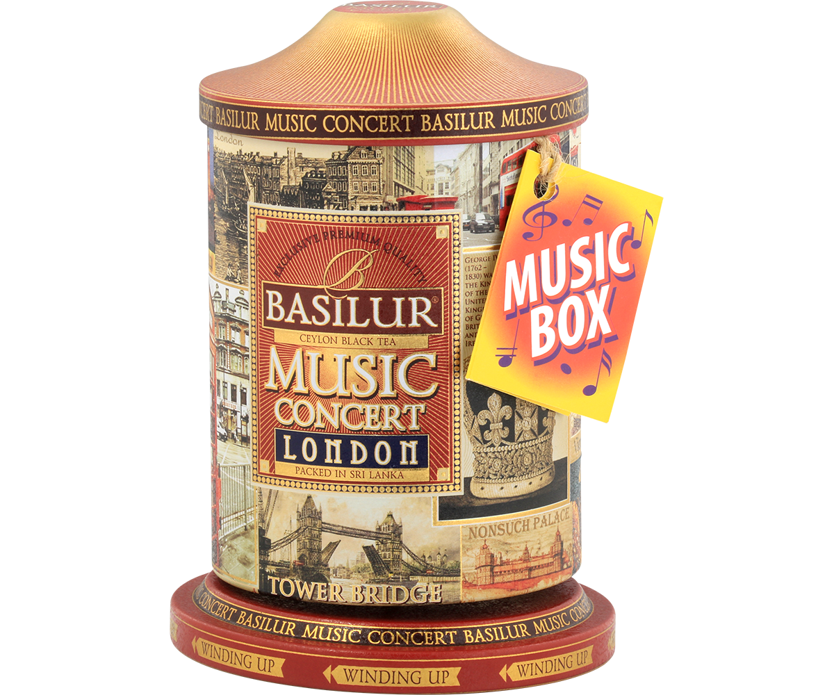Puszka Basilur Music Concert London z motywem Tower Bridge i napisem Music Box.
