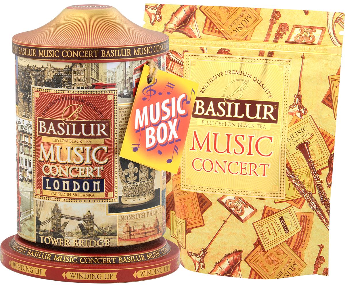 Herbata Basilur Music Concert London z ozdobnym pudełkiem w stylu muzycznym.