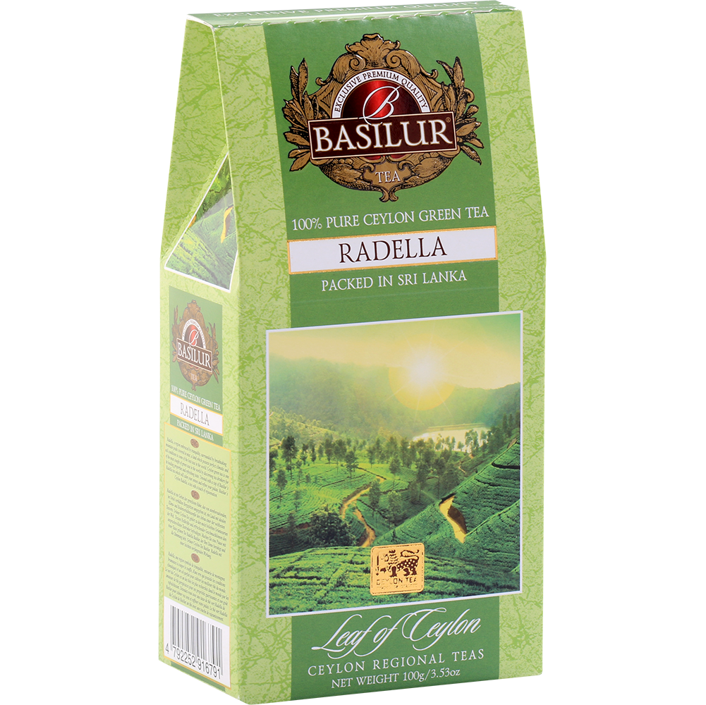 Boczne ujęcie pudełka Basilur Radella Green – 100% czysta herbata z Cejlonu.
