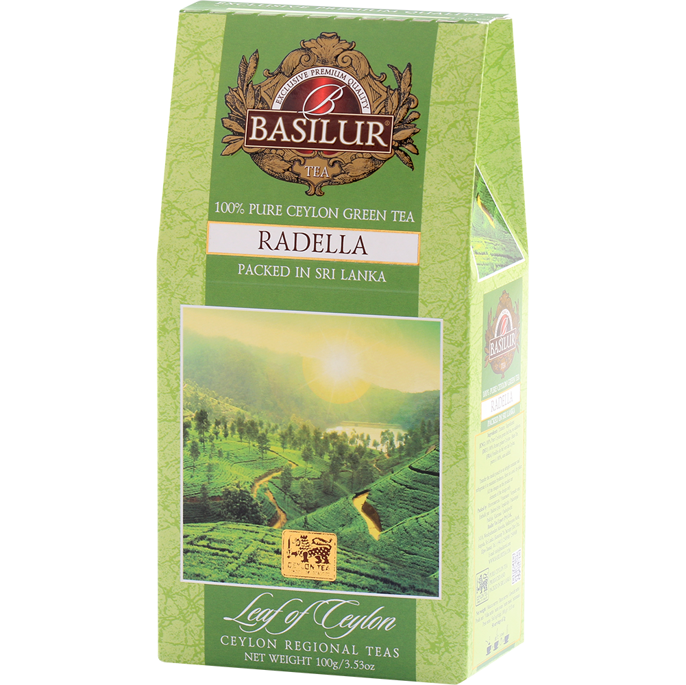 Zielone opakowanie herbaty Basilur Radella Green z górskim krajobrazem Cejlonu.