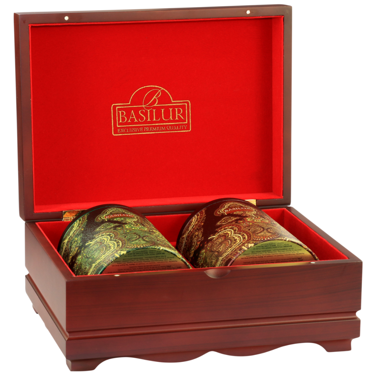 Zestaw herbat Basilur Oriental Collection 3 w eleganckim drewnianym pudełku z czerwonym wnętrzem.