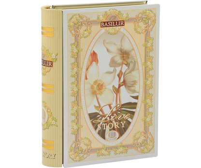 Opakowanie herbaty Basilur Love Story vol. III – bok z ozdobnym motywem kwiatowym.