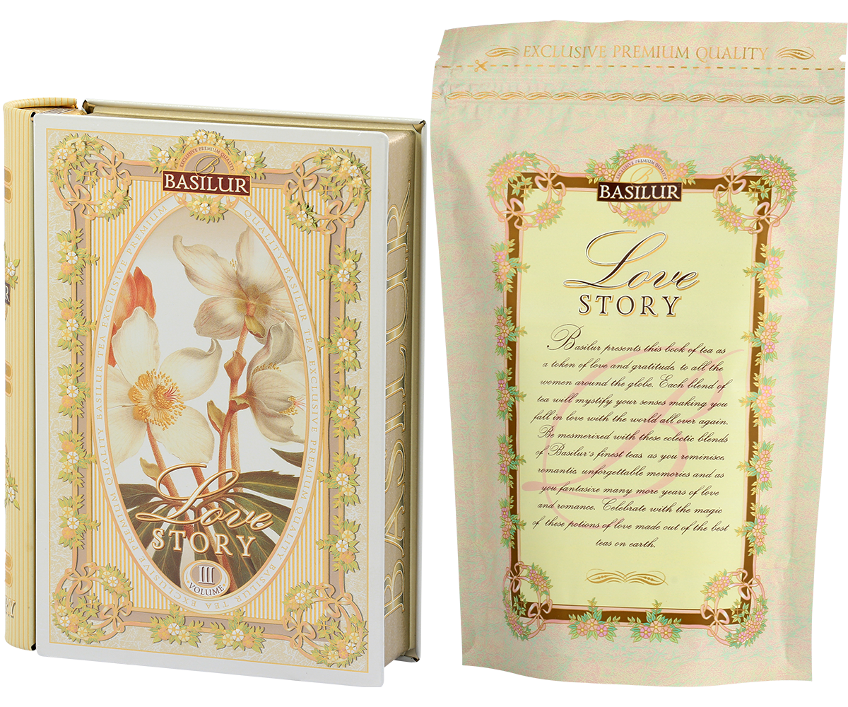 Herbata Basilur Love Story vol. III – opakowanie i torebka z napisem Love Story.
