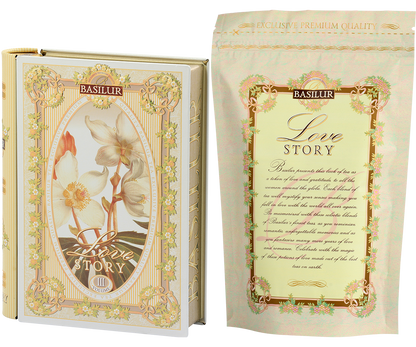 Herbata Basilur Love Story vol. III – opakowanie i torebka z napisem Love Story.