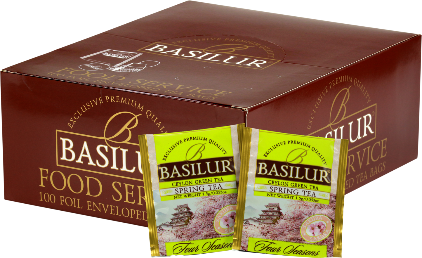 Zielona herbata Basilur Spring Tea w dużym opakowaniu 100 kopert, herbata cejlońska o smaku kwiatów wiśni.