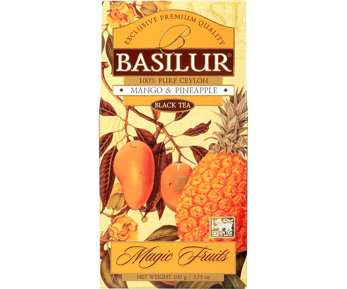Herbata Basilur Mango & Pineapple – front opakowania z ilustracją mango i ananasa.