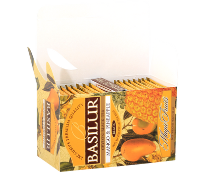 Otwarte pudełko Basilur Mango & Pineapple – herbaty w kopertach z serii Magic Fruits.