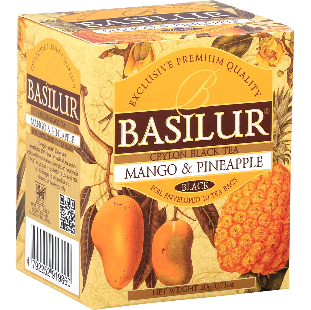 Boczny widok pudełka Basilur Mango & Pineapple z informacjami o składzie.