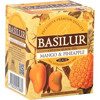 Boczny widok pudełka Basilur Mango & Pineapple z informacjami o składzie.