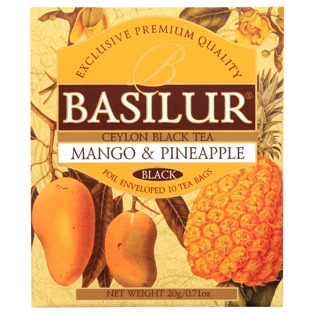 Opakowanie herbaty czarnej Basilur Mango & Pineapple z tropikalnym motywem.